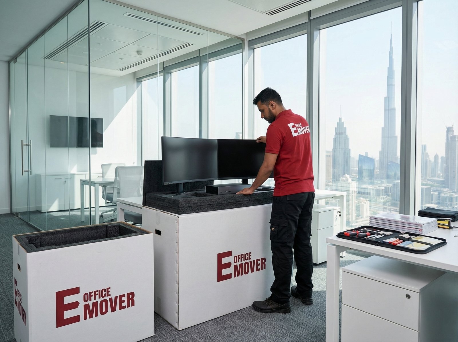 E Office Movers team handling an office relocation in Dubai